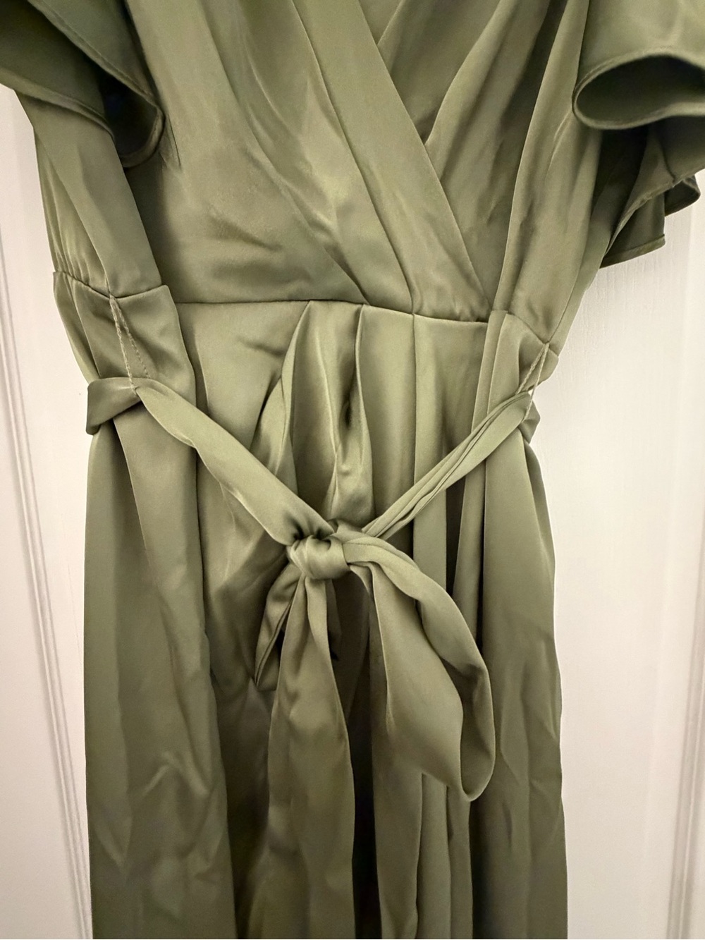 NWT Liena Olive Green Satin Midi Wrap Dress Size 10 - Picture 4 of 7
